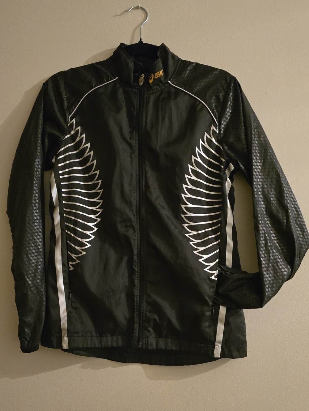 Asics Black Windbreaker Jacket with White Wing Graphics